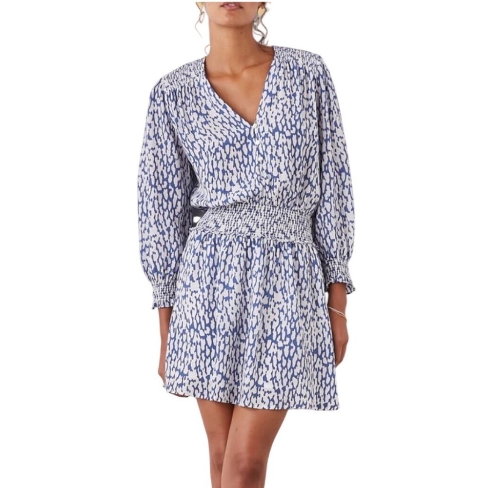 Rails Zana Dress Cobalt Static‎ Leopard Blue White Smocked Mini XS